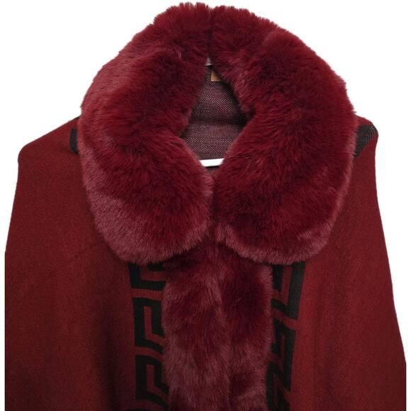 Womens Greek Key Ruana Shawl Faux Fur Trim OS Red/Black Greek Key Acrylic - Picture 2 of 8
